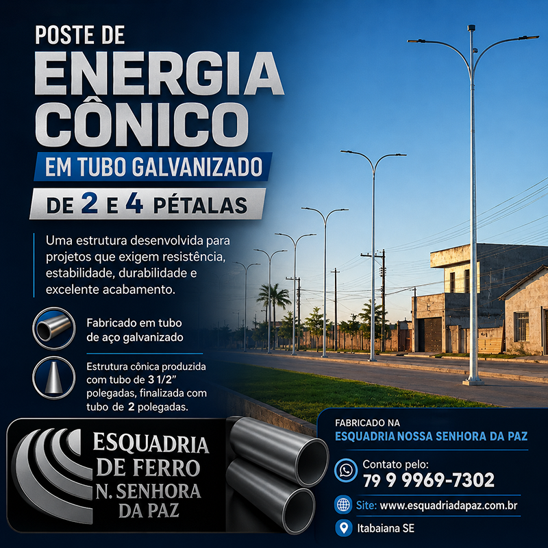Poste de Energia Cônico 10m em Tubo Galvanizado – 2 ou 4 Pétalas